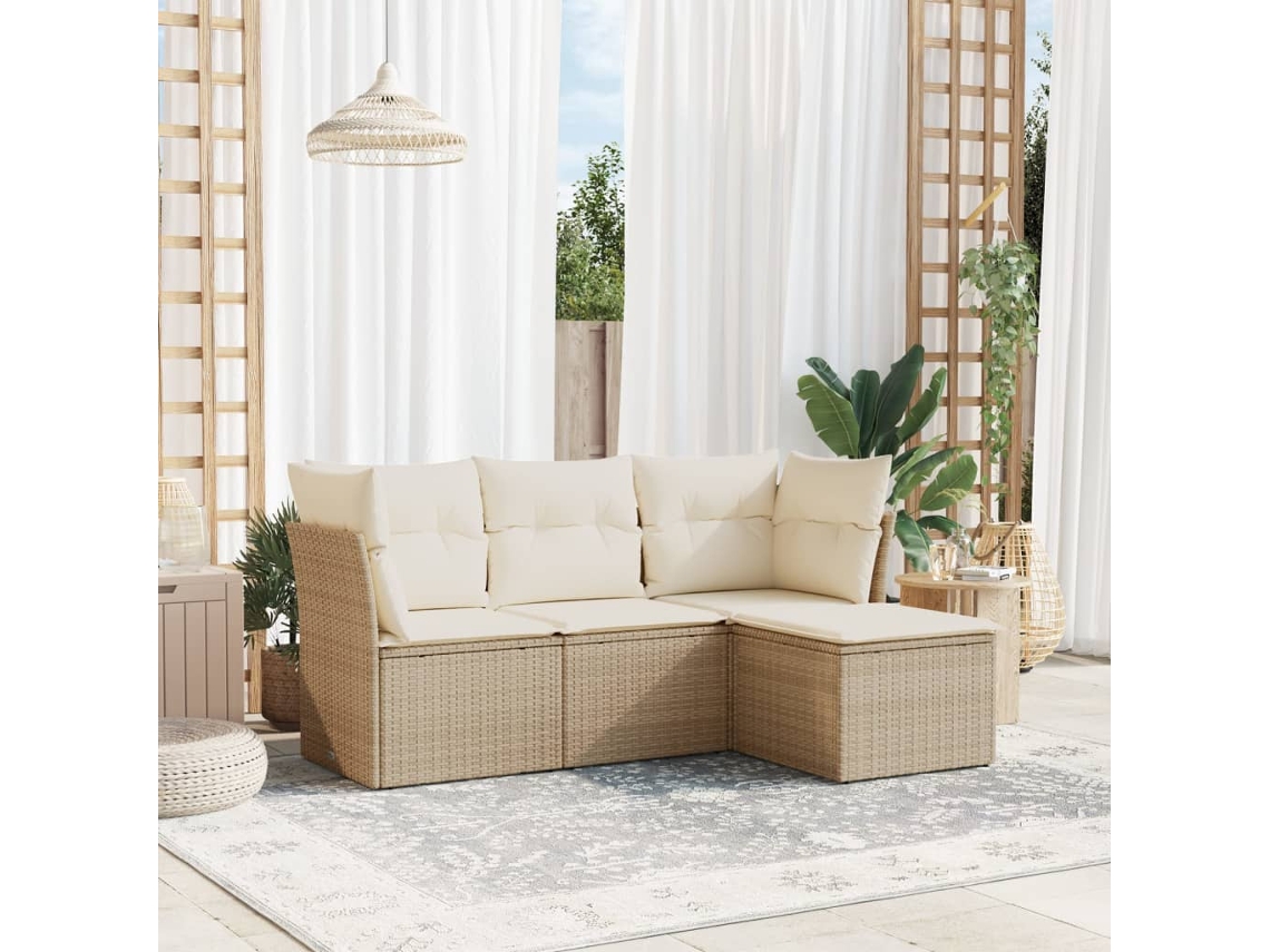 4 Pcs Conjunto De Sofás Para Jardimconjuntos Relax Jardimconjunto De Jantar C/ Almofadões Vime Pe Bege Cfw912752 Lovely Home