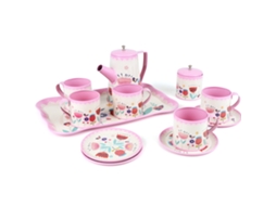 Mali conjunto de Chá Infantil Rosa de Lata com Chaleira Xícaras Pratos Bandeja Brinquedo Presente