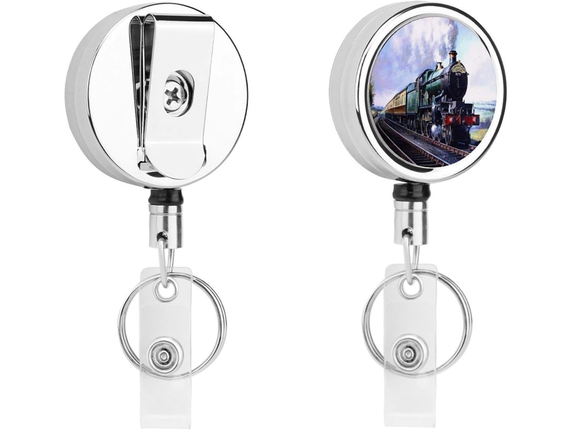 Chaveiro Retrátil Redondo Com Locomotiva A Vapor, Clipe Crachá Em Aço Inoxidável, Cordão De Nylon Resistente, Clipe