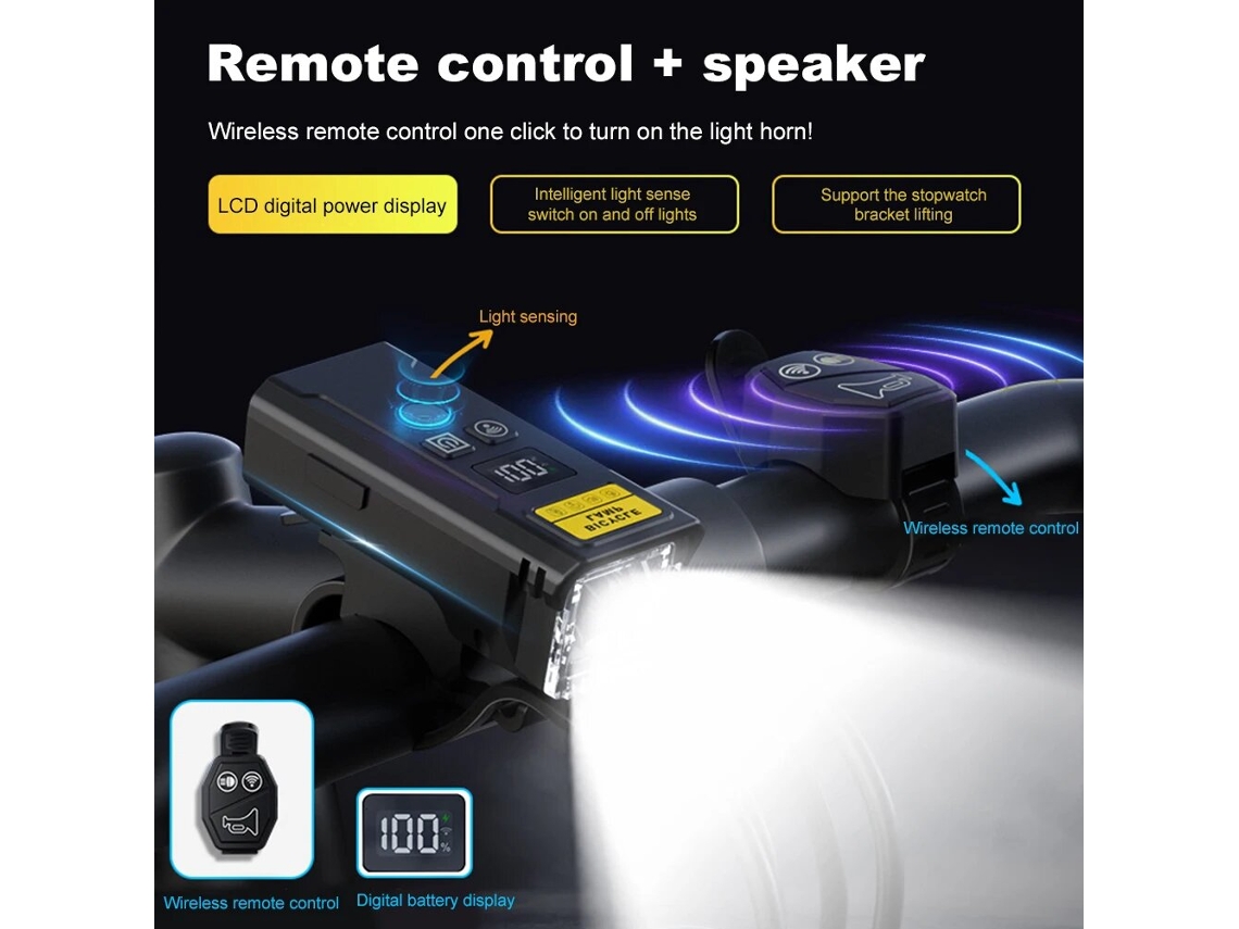 Bikight Q09l Farol Preto Controle Remoto Sem Fio Buzina Sensor Luz Inteligente Visor Digital Energia Tipo C Ip Segurança Pedal Noturno