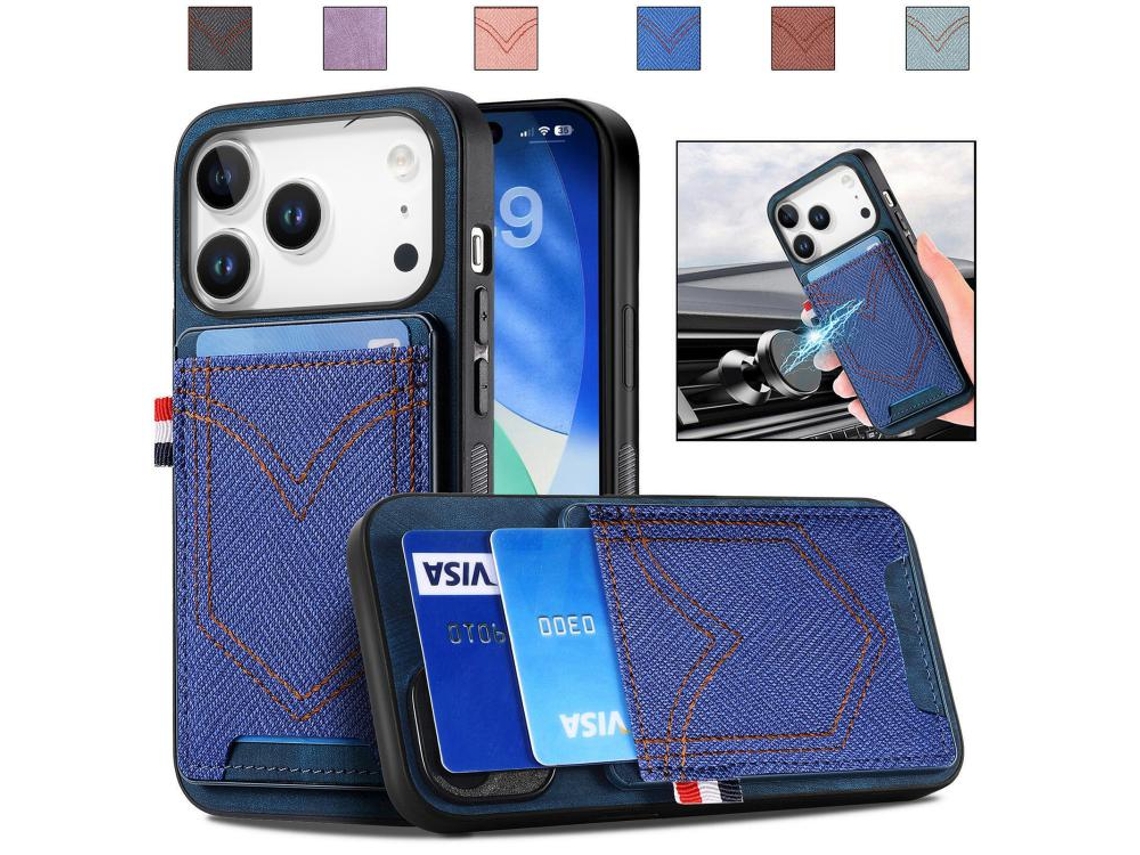 Capa Para Iphone 17 Pro - Textura Jeans Com Compartimentos Para Cartões