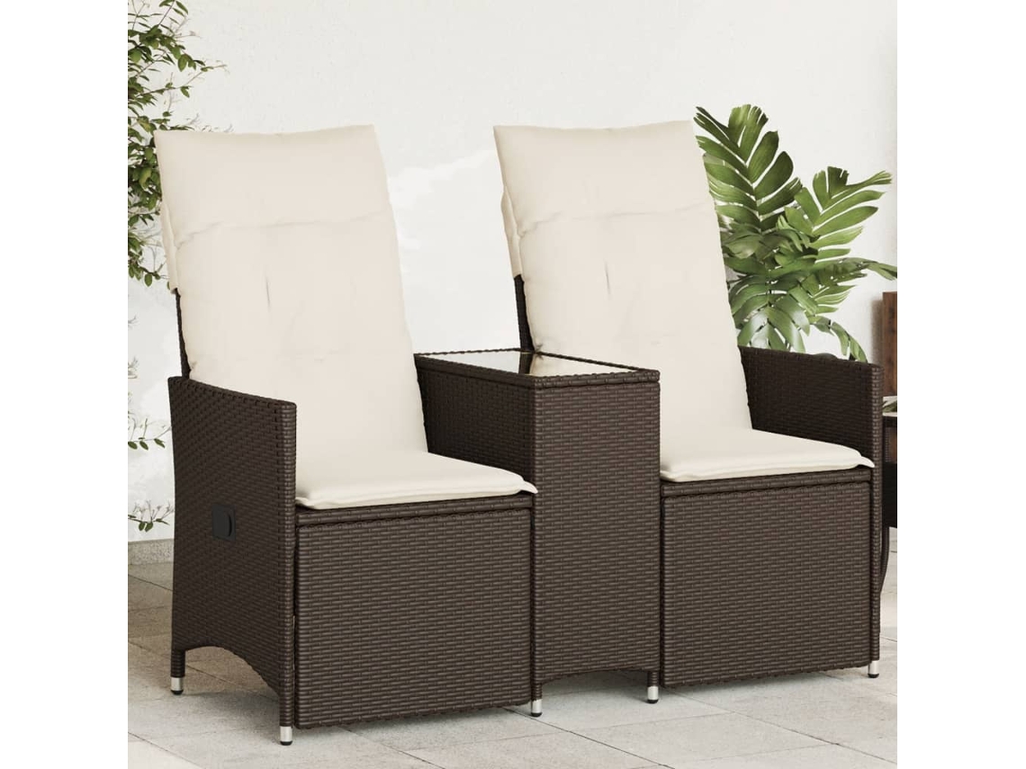 Vidaxl Sofá De Jardim Reclinável 2 Lugares Com Mesa Vime Pe Castanho