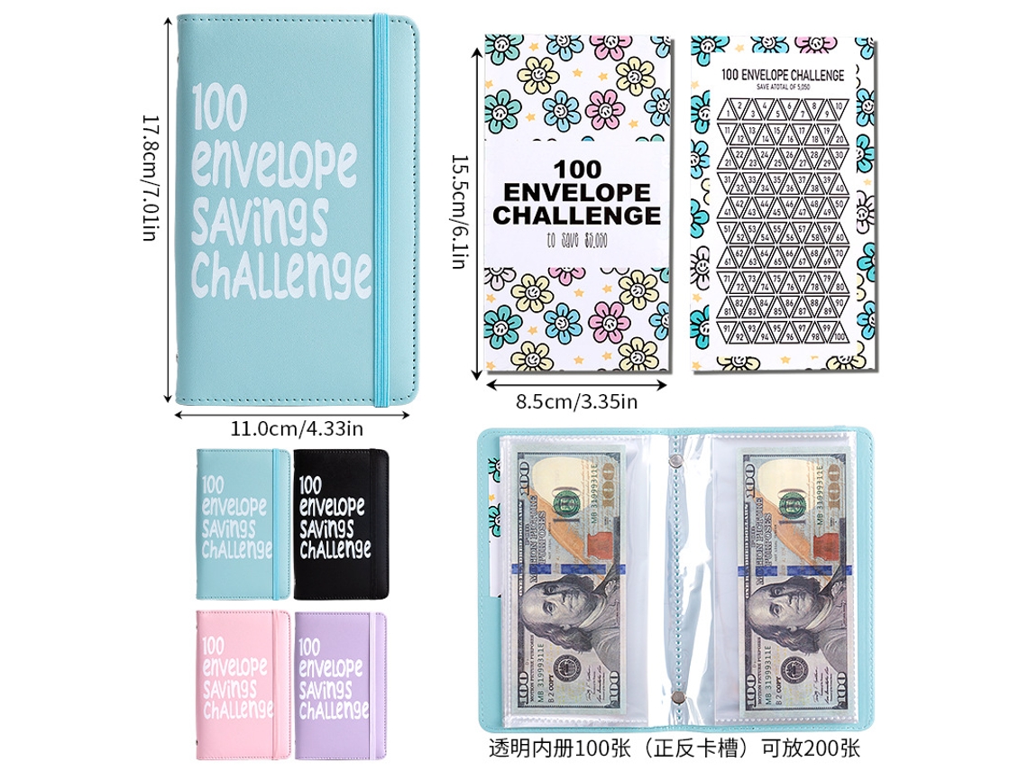 100-envelope Challenge A6 Loose Leaf Notebook With Vertical Lines And Strap, Macaron Colors, Finance Journal, Blue