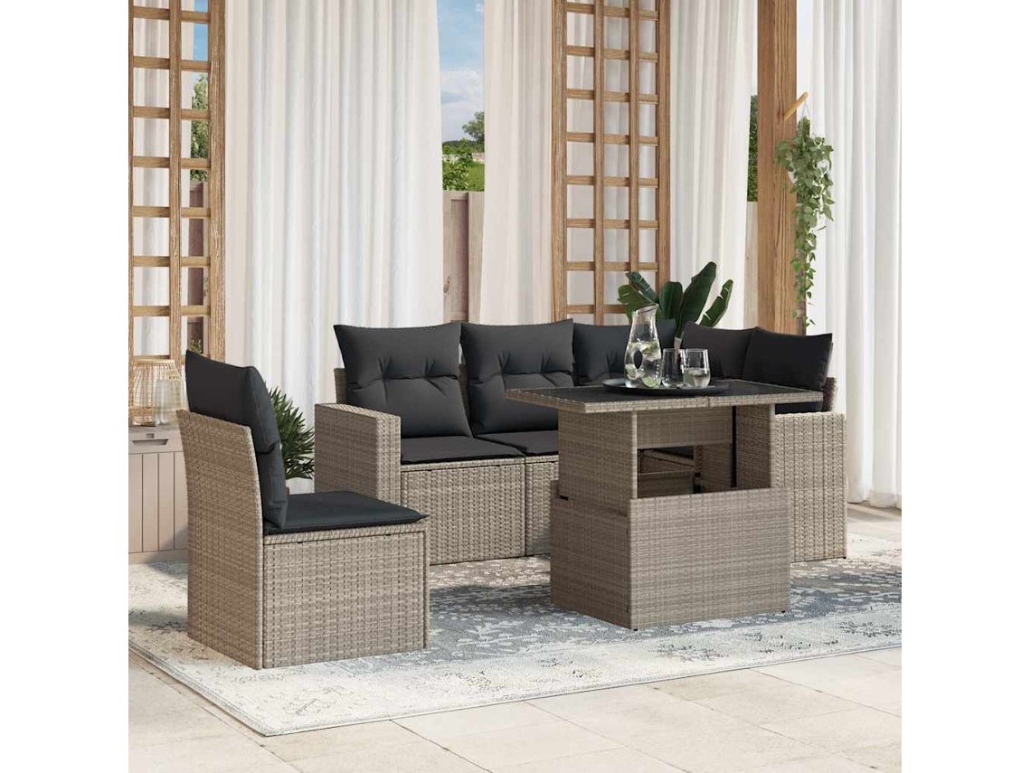 Vidaxl 6 Pcs Conj. Sofás Jardim Com Almofadões Vime Pe Cinzento-claro