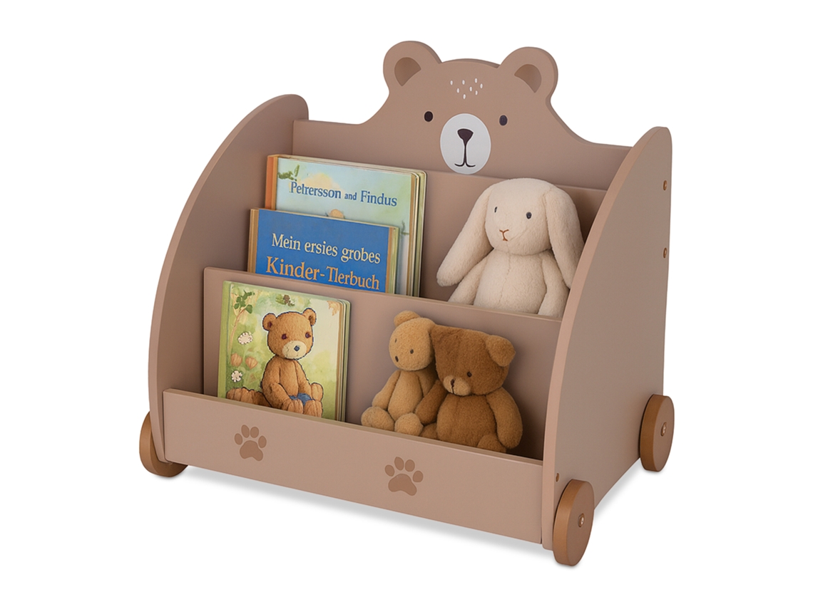 Estante Relaxdays Para Crianças, Design De Ursos, Hbt: 58x60x40 Cm, Com Rodízios, Cantos Arredondados, Mdf, Castanho