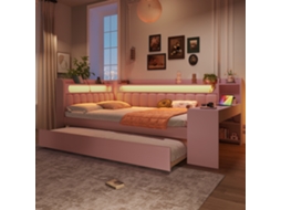Sofá-cama Estofado De 140x200 Cm Com Portas Usb E Faixa De Led, Com Cama Auxiliar E Escrivaninha, Rosa.