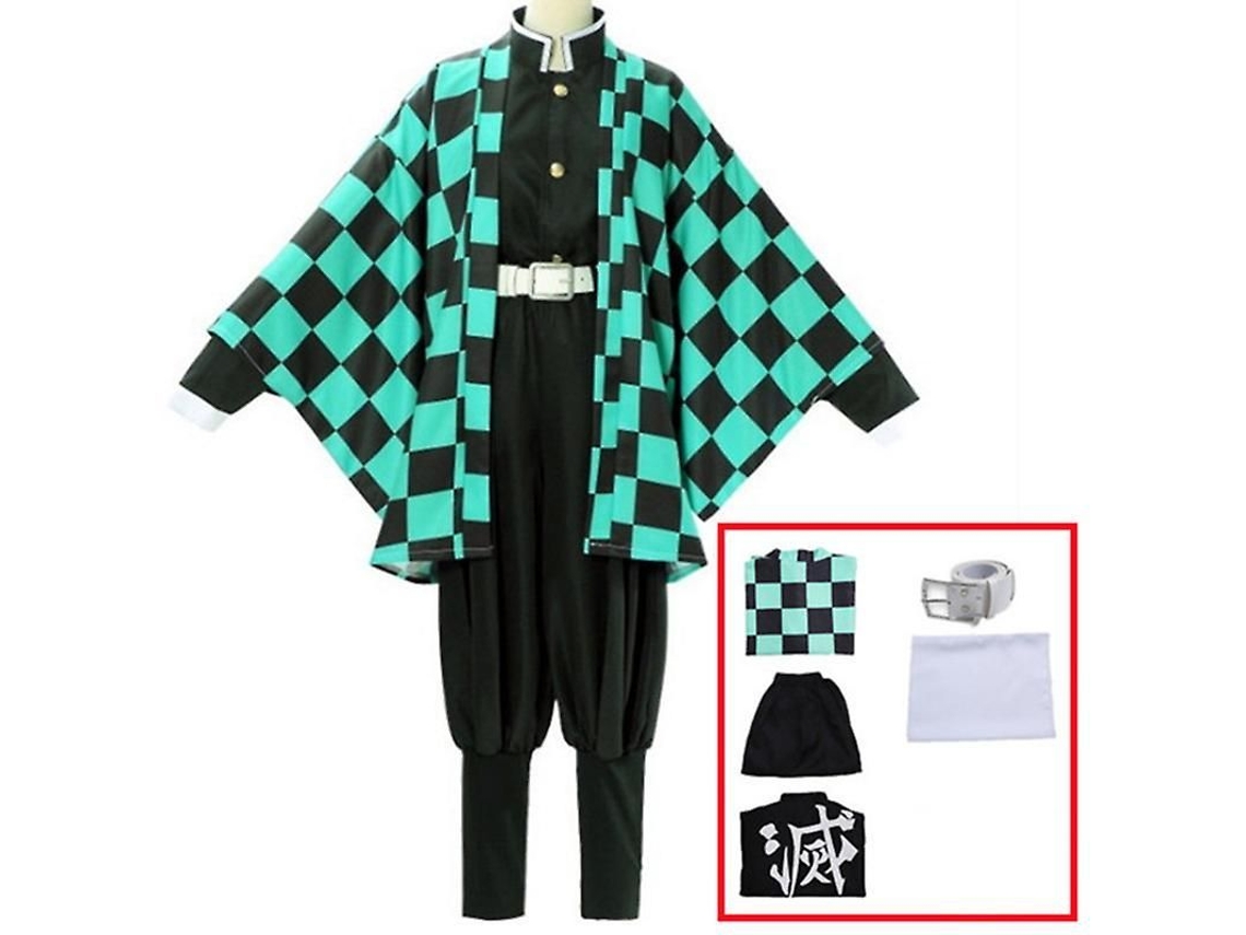 Traje De Cosplay Kamado Tanjirou Demon Slayer Kimono Calças Peruca Brincos Halloween Anime Kimetsu No Yaiba Traje 110 Cm