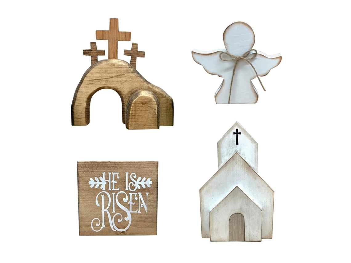 Decoração de Páscoa com Anjo, Túmulo e Cruz em Madeira 20x12.5cm com S/MARCA
