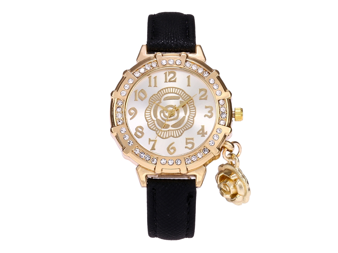 Relógio de Pulseira Feminino com Pingente de Rosa em Liga e Strass de Couro Pu Preto