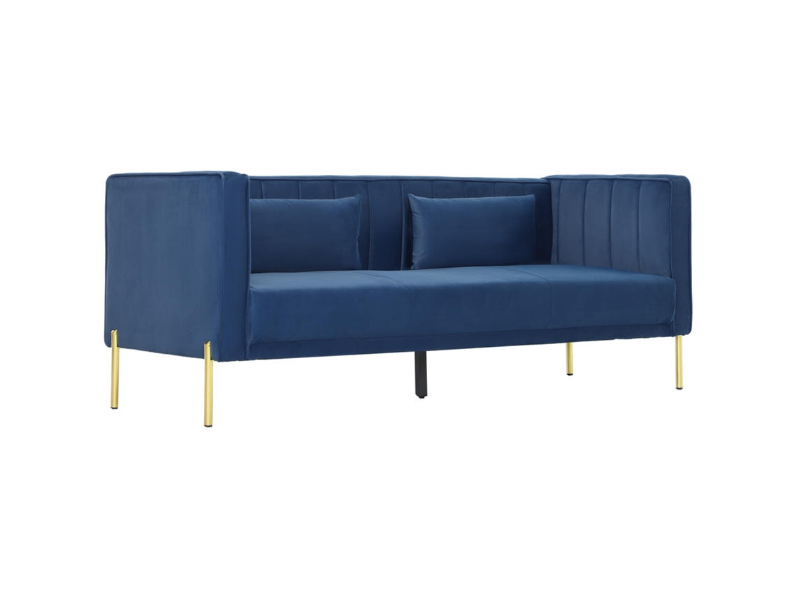 Sofá 3 lugares veludo azul marinho 194,5x76x76 Cm com 2 almofadas, pés dourados, apoio braços | S/MARCA
