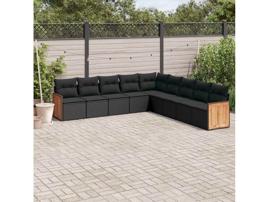 Vidaxl 9 Pcs Conjunto De Sofás P/ Jardim C/ Almofadões Vime Pe Preto