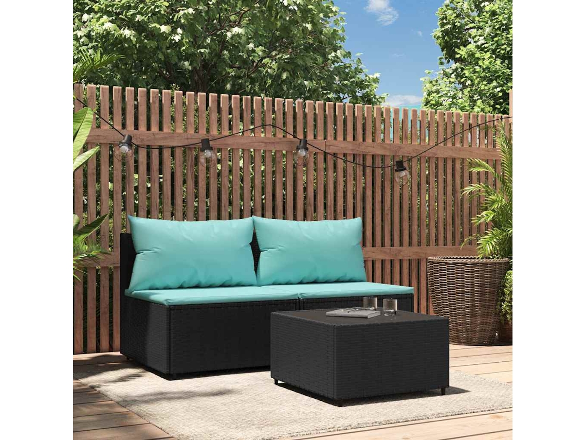 3 Pcs Conjunto Lounge De Jardim C/ Almofadões Vime Pe Preto Dkd Home Decor