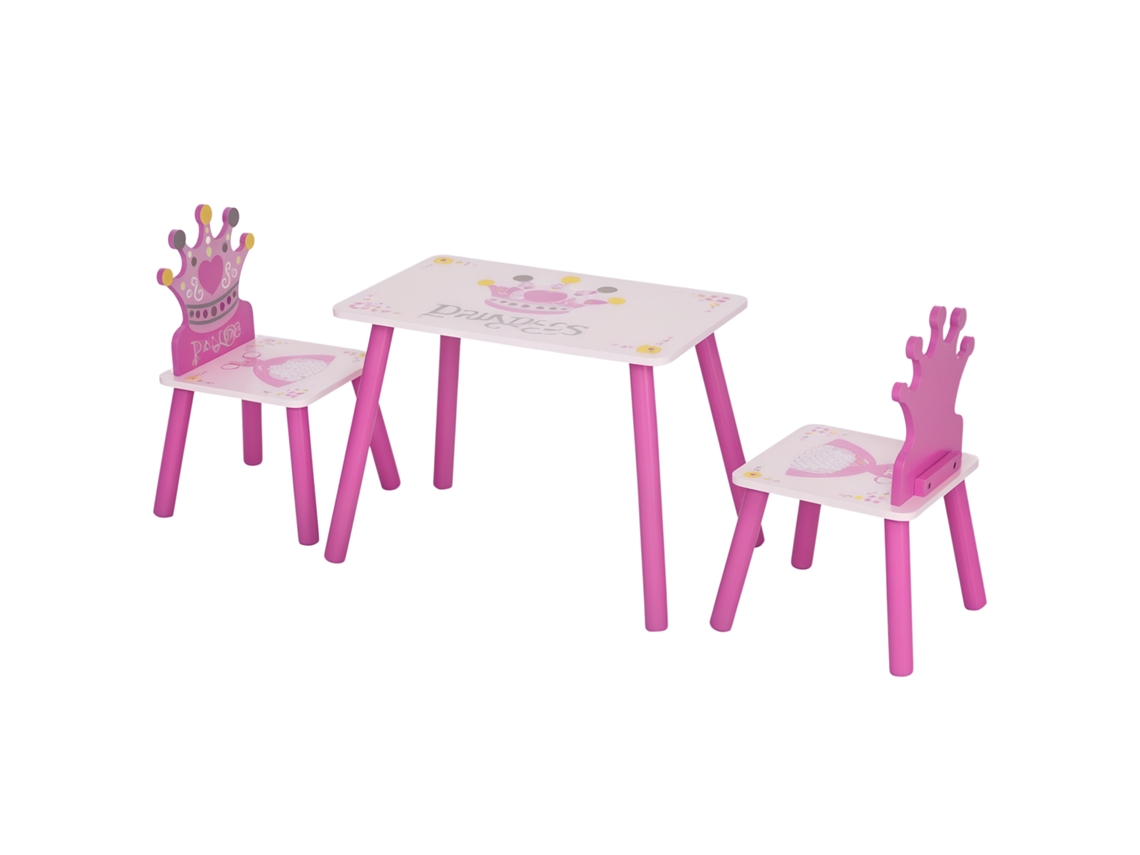 Mesa e cadeiras infantis princesas rosa em madeira com encosto coroa para quarto de criança BTFORUS