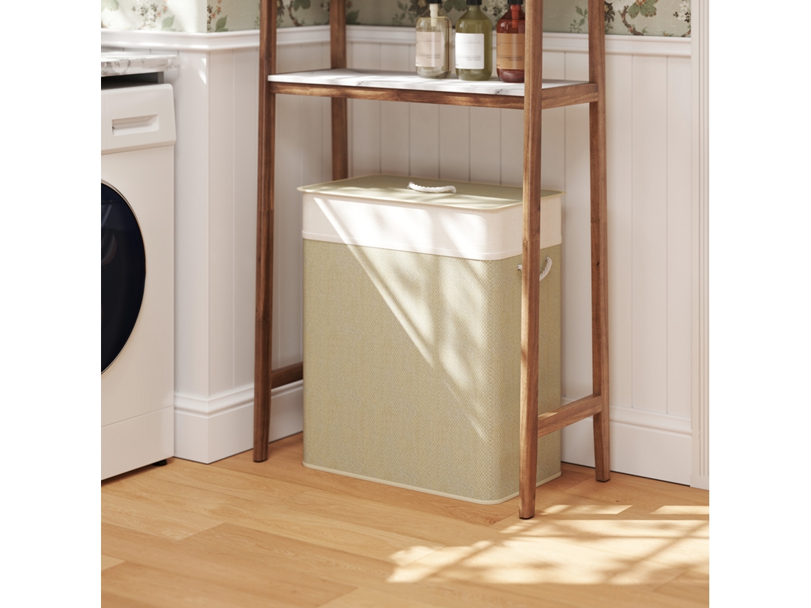 Cesto Para Roupa, 52 X 32 X 63 Cm, 2 Compartimentos, Bambu, Branco