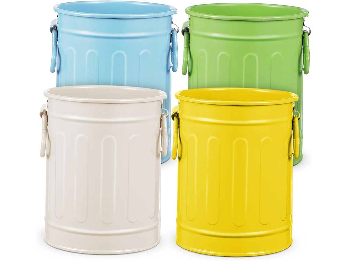 Conjunto de 4 porta-lápis de metal para decoração escolar, organizador de mesa resistente e portátil com alças duplas.
