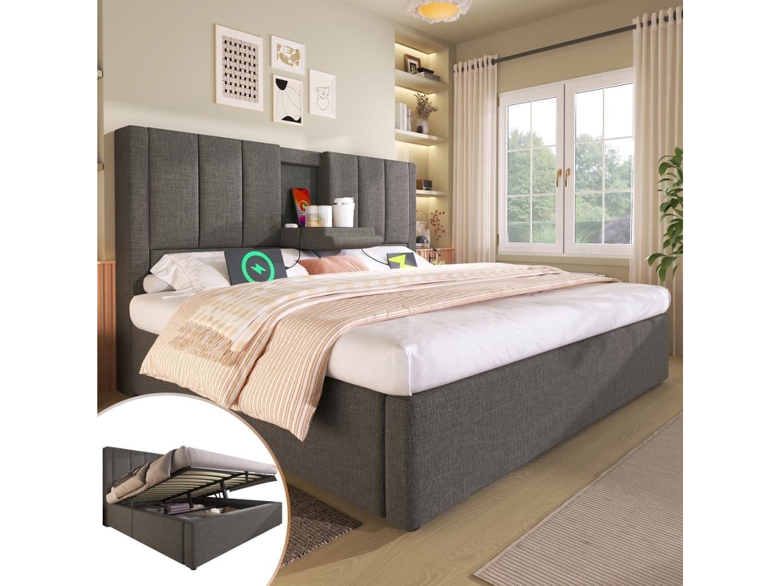 Cama Estofada 140x200 Cm - Com Arrumação, Suporte Para Bebidas E Estação De Carregamento - Cinza