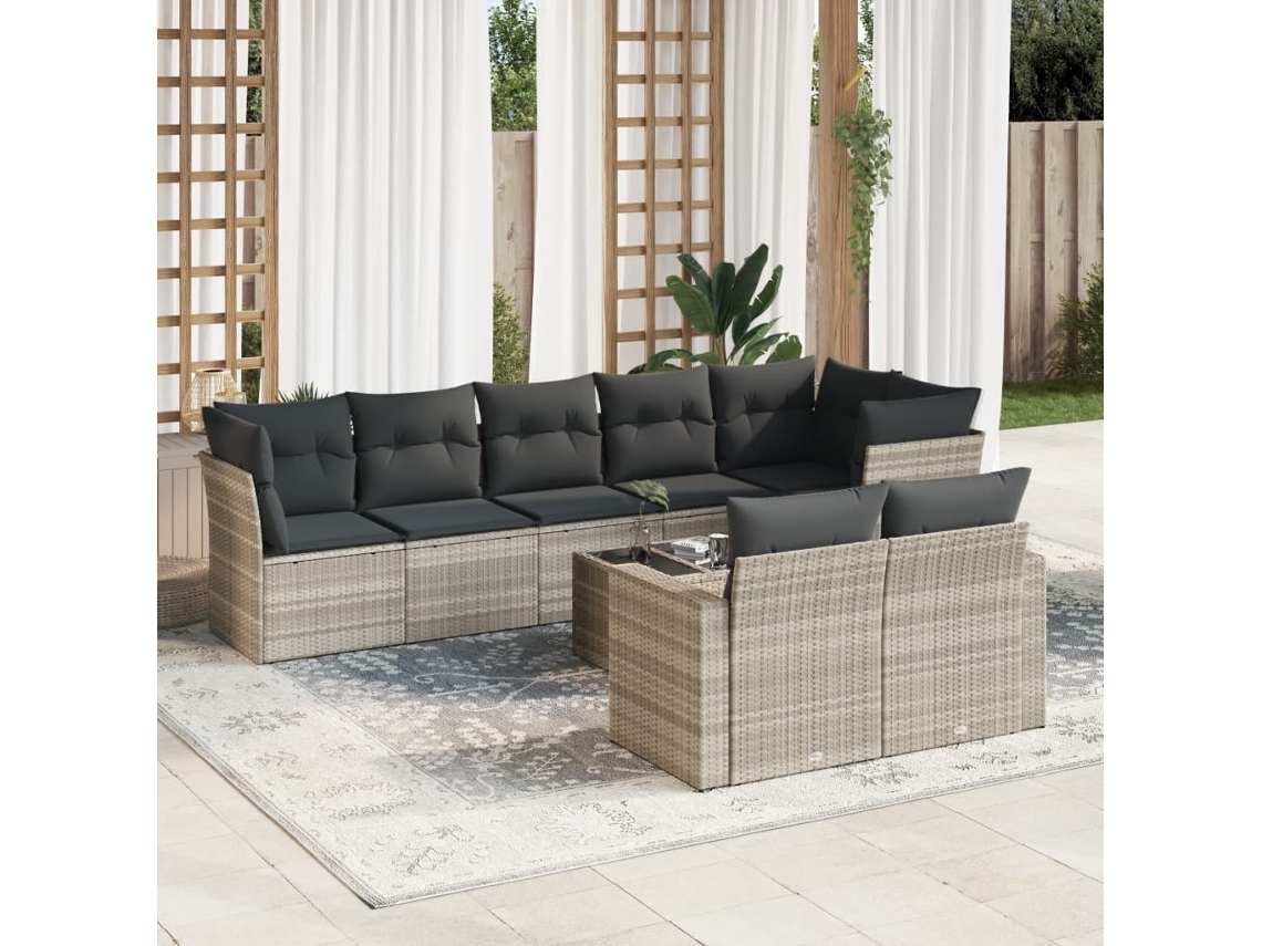 Vidaxl 9 Pcs Conj. Sofás Jardim Com Almofadões Vime Pe Cinzento-claro