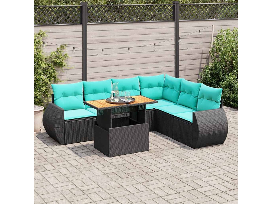 Vidaxl 7 Pcs Conjunto de Sofás P/ Jardim C/ Almofadões Vime Pe Preto