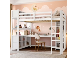 Cama Alta 140x200 Prateleiras Arrumação Secretária Roupeiro Branca