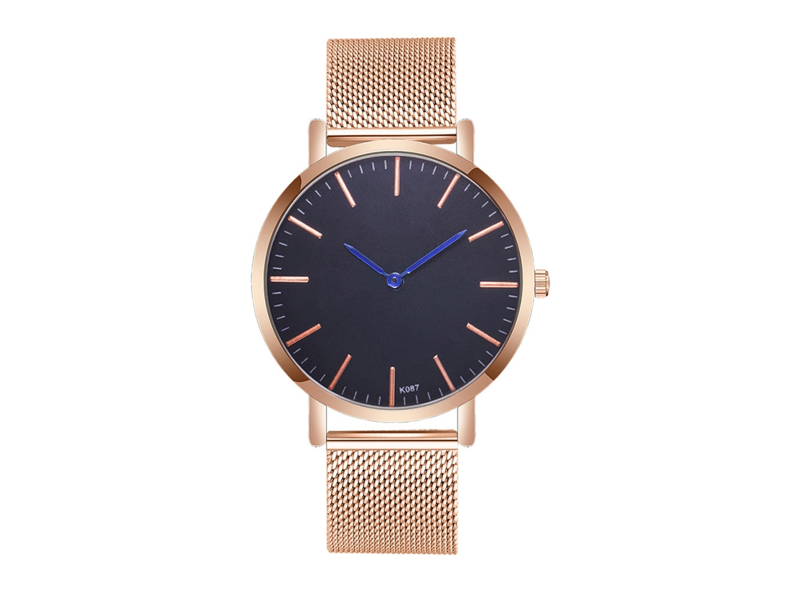 Relógio de pulso masculino com pulseira de malha de aço inoxidável, mostrador redondo, movimento de quartzo, cor ouro rosa com ponteiros azuis.