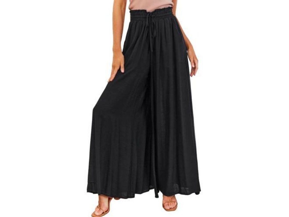 Calça feminina casual Rebe com cintura elástica, bolsos e pernas largas, tamanho G, preta.