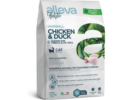 Comida para Gatos ALLEVA  Holistic Hairball Chicken & Duck + Sugarcane Fiber & Aloe Vera (1.5 kg - Seca - Adulto - Sabor: Frango, Pato)