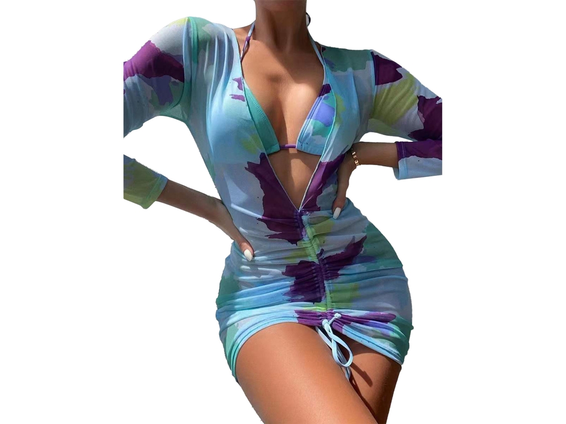 Bikini Feminino Praia Elegante Manga Longa Azul L