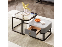 Mesa De Centro Empilhável - 2 Peças - Alto Brilho Com Design Em Mármore E Vidro, Pernas Pretas, Com Gavetas