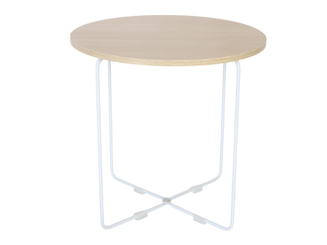 Mesa Lateral Escandinava Com Tampo Madeira Clara E Metal Branco