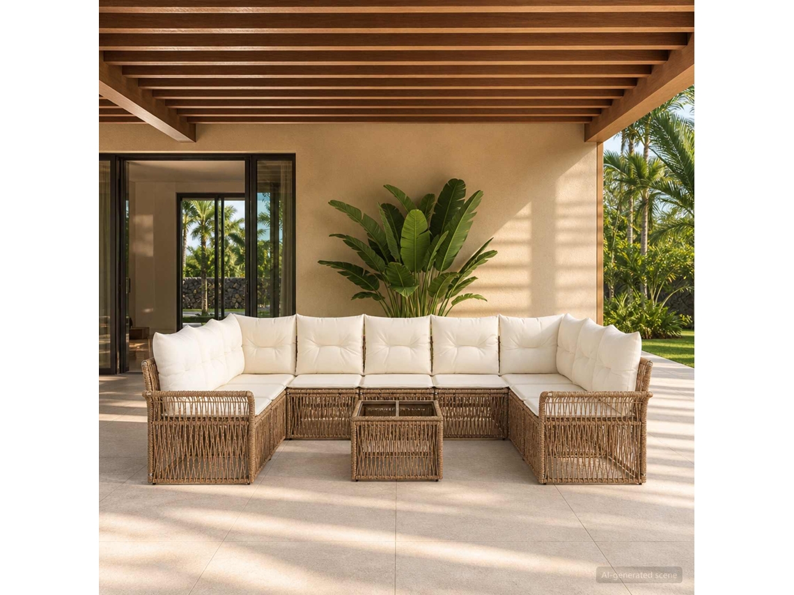 Vidaxl Conjunto De Sofá De Jardim 10 Unid. Bege Vime Pe