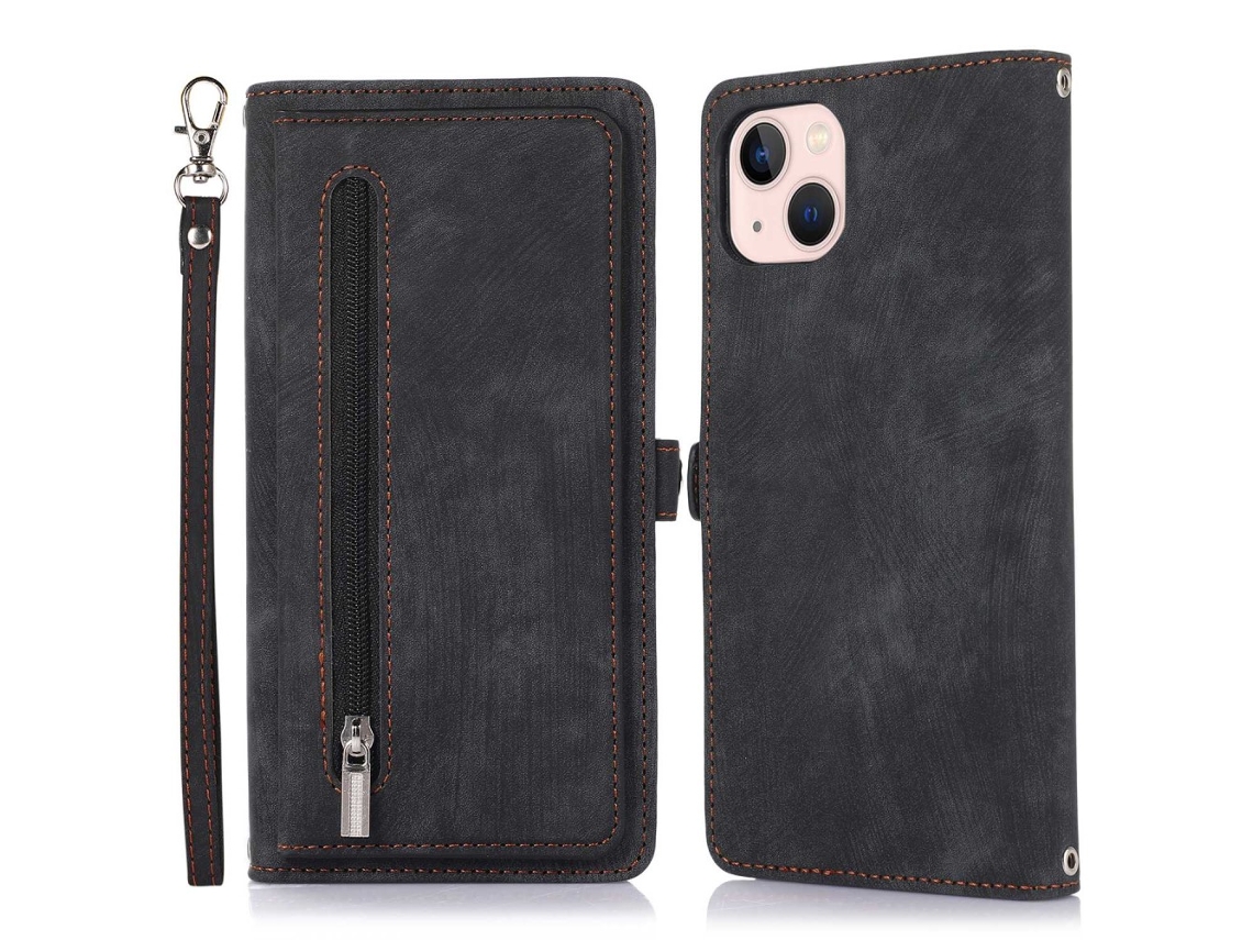 Capa Para Iphone 14 Pele Sintética Anti-choque Com Porta-cartões Preto