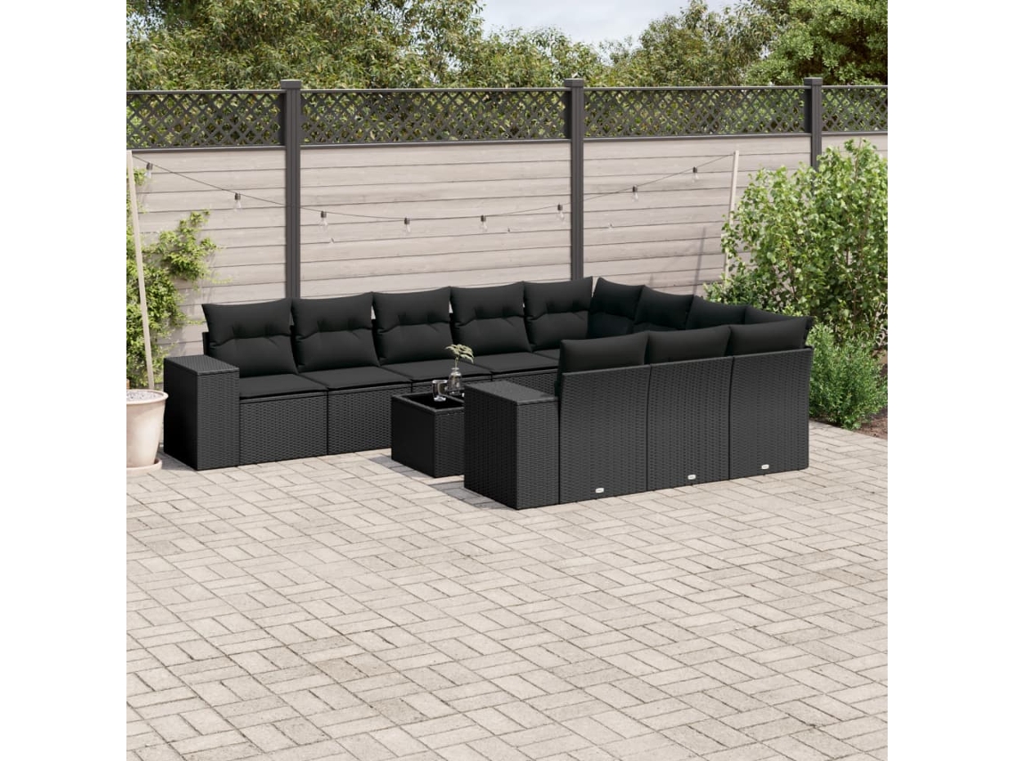 Vidaxl 11 Pcs Conjunto Sofás De Jardim C/ Almofadões Vime Pe Preto
