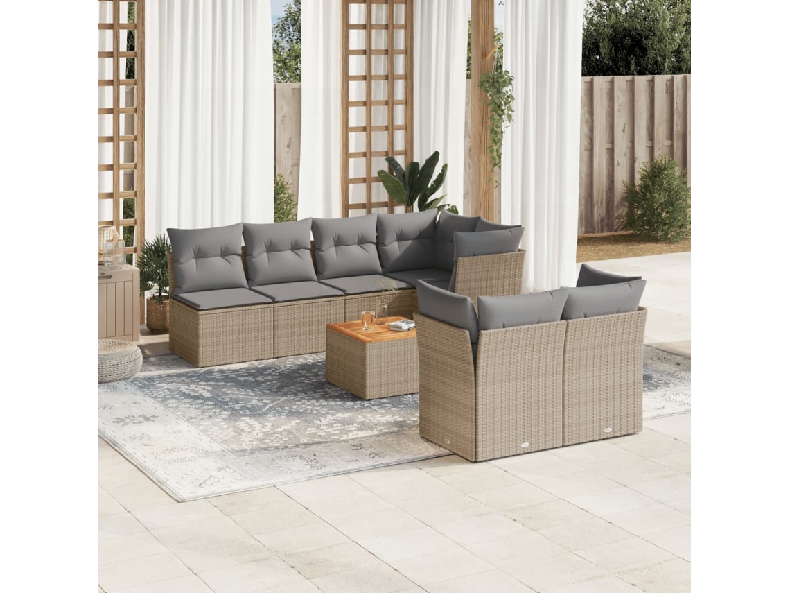 Vidaxl 8 Pcs Conj. Sofás Jardim C/ Almofadões Vime Pe Bege Misturado