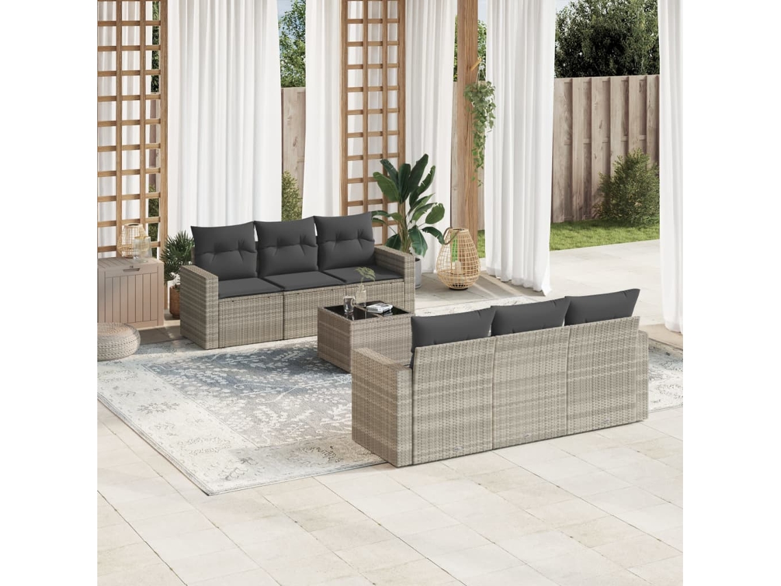 Vidaxl 7 Pcs Conj. Sofás Jardim Com Almofadões Vime Pe Cinzento-claro