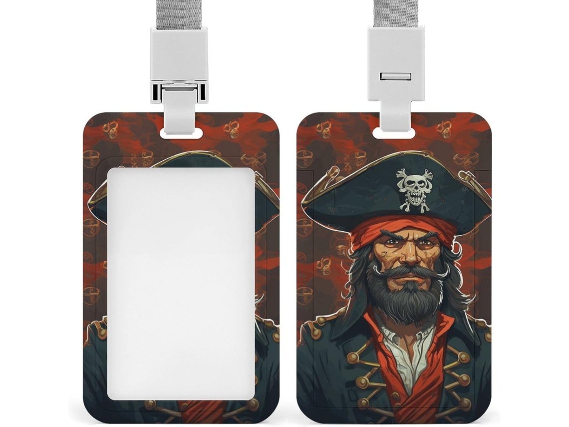 Porta-cartões Crachá com estampa de capitão pirata, com cordão e proteção impermeável, ideal para mesa e escola.