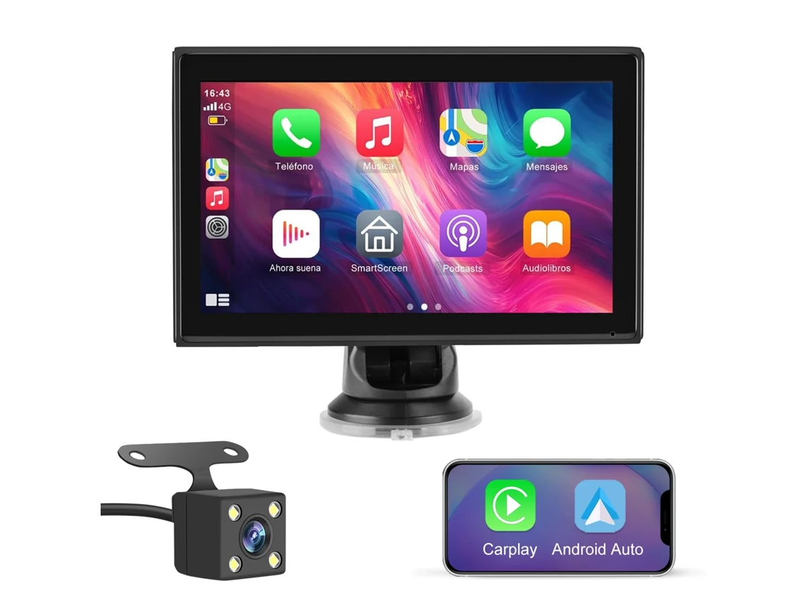 Ecrã Carplay para Carro com Câmara Retrovisora, de 7 Polegadas, Apple Car Play Android Auto Sem Fios, Ecrã Tátil Portátil Rádio HEXINEX