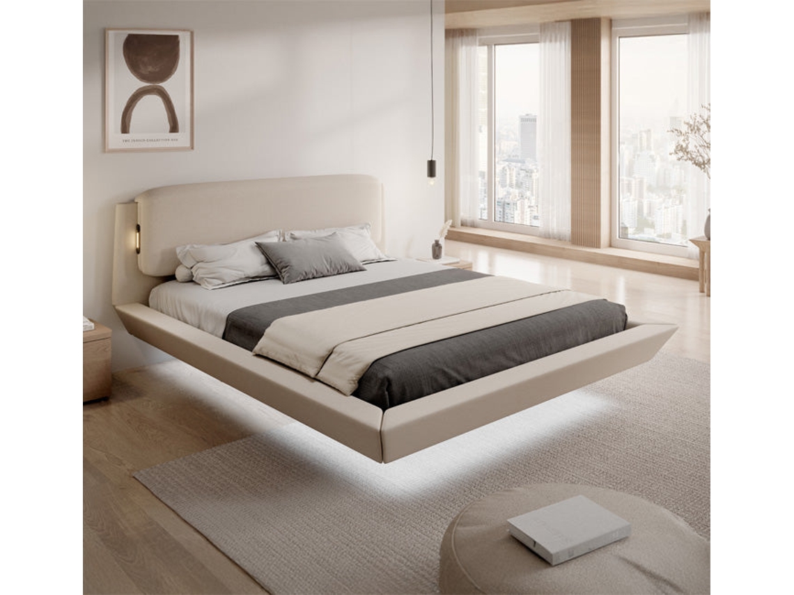 Cama De Casal Flutuante Beatrice Design Domensino Mdf Bege (180x200)