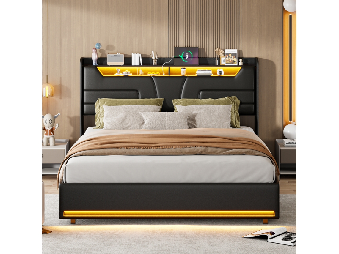 Cama De Casal 140x200 Com Armazenamento A Gás E Luz Led - Cama Estofada Preta De Pele Pu Com Cabeceira E Pé Iluminados E Estação De Carregamento