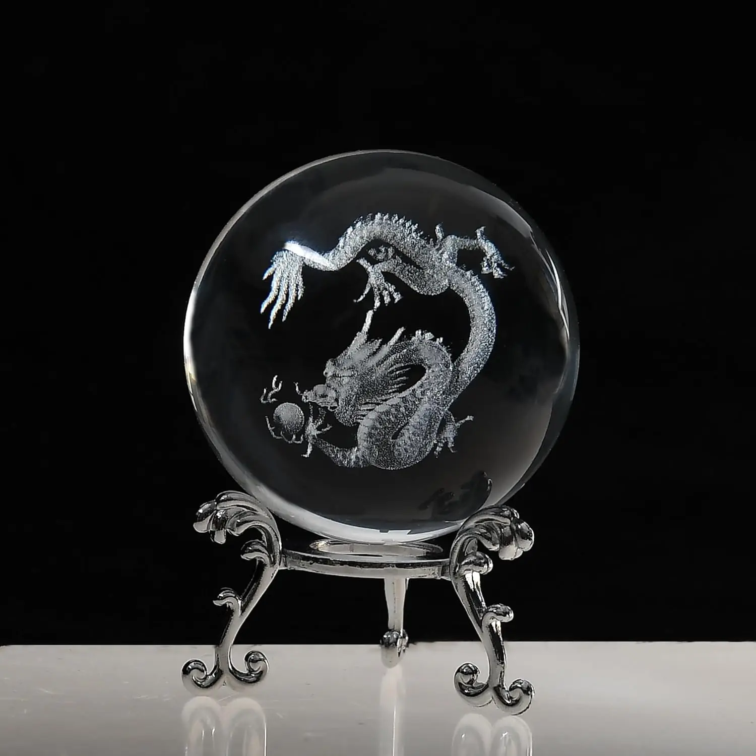 Bola de Cristal 3d em Formato de Dragão com Base de Metal Prateado MDUG (6 Cm com a Base)