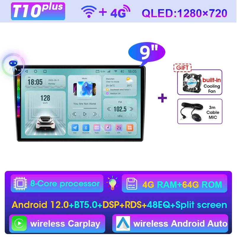 (t10 Plus Fs De 9 Polegadas) Sistema Multimídia Automotivo Android 2d, Compatível Com Nissan, Kia, Honda E Gm.
