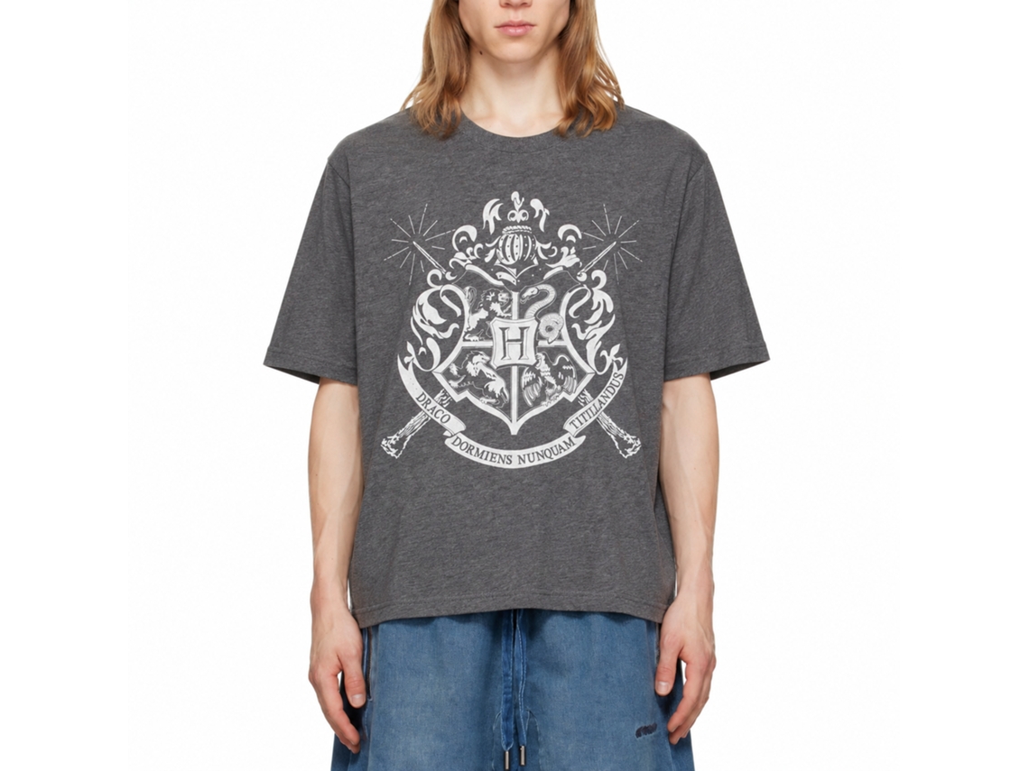Rockinstone Harry Potter White Hogwarts Emblem Dark Heather T-shirt Size:m