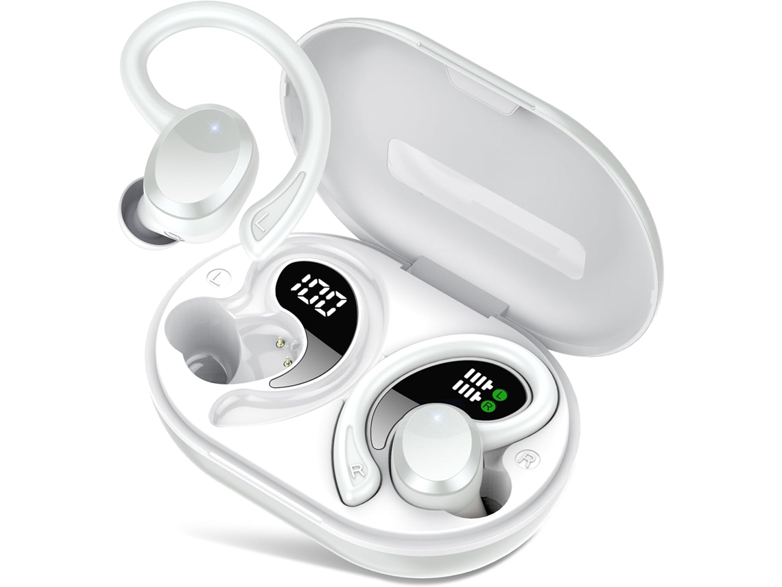 Fones Esportivos Brancos, Bluetooth 5.4, 68h, Tela Led, 4 Microfones, Ip7, Clipes ZYBLSSBB