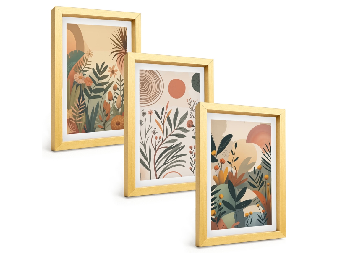 Composição De Quadrosmotivos De Plantas, Cores Suaves Moldura Dourada Imagens Para Um Quarto Infantil Espelharte (3 Peças 20x30 Cm)