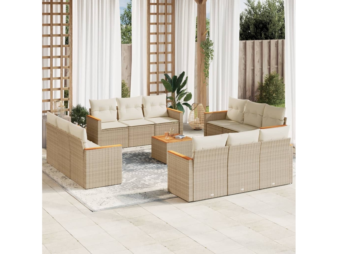 Vidaxl 13 Pcs Conjunto De Sofás P/ Jardim Com Almofadões Vime Pe Bege