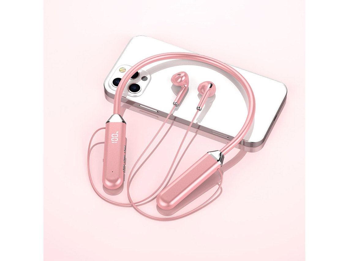 Fones de Ouvido Bluetooth com Faixa para Pescoço , Conectividade Sem Fio 5.2, Som Estéreo, Indicador de Bateria. MDUG (rosa)