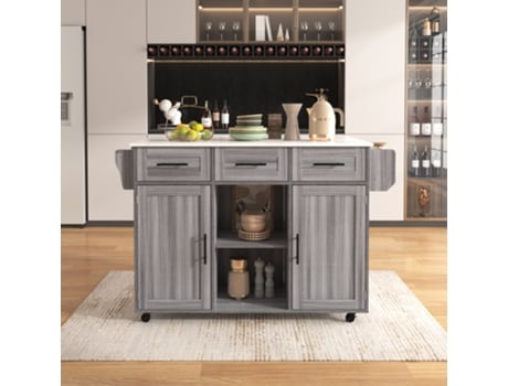 Carrinho De Servir Grande 139x46x91,5cm Em Madeira Cinza Com Tampa De Mármore Branco E Portas De Armazenamento Dobráveis Mega Echo Trade Shop