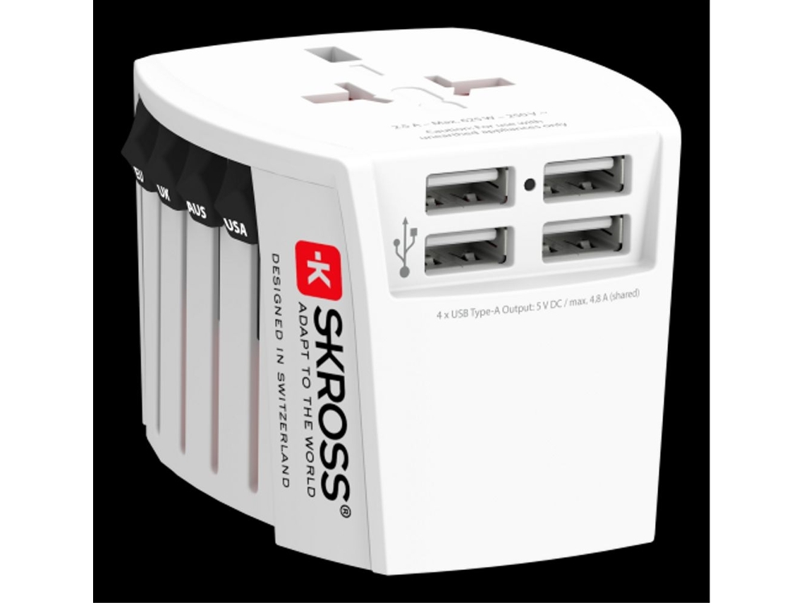 Adaptador De Viagem Skross Com Aterramento Mundial+ 4 Portas Usb, A, 4, 8 A