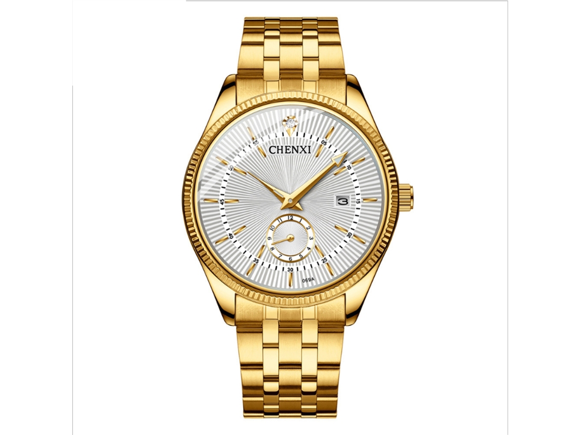 Relógio masculino casual analógico de quartzo com calendário, em aço inoxidável, branco.