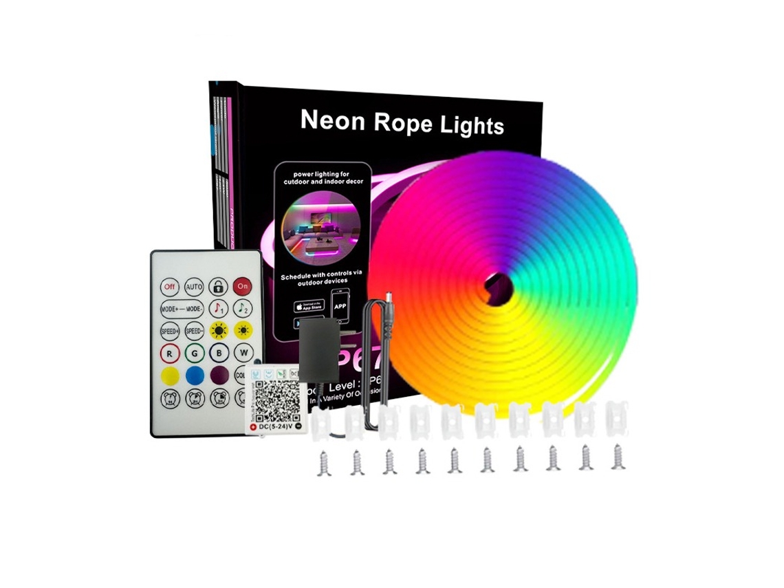 Fita Led Neon Flexível, Compatível Com Diversos Dispositivos, 15 M, Rgb, Em Silicone, Comando Remoto