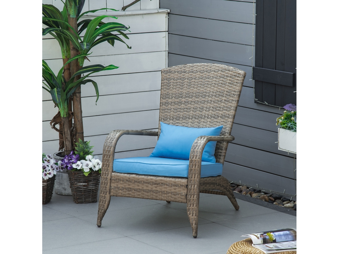 Cadeira Adirondack Para Área Externa, Braços Laterais, Estrutura Em Aço E Rattan, Medidas 64x80x90 Cm, Nas Cores Marrom E Azul